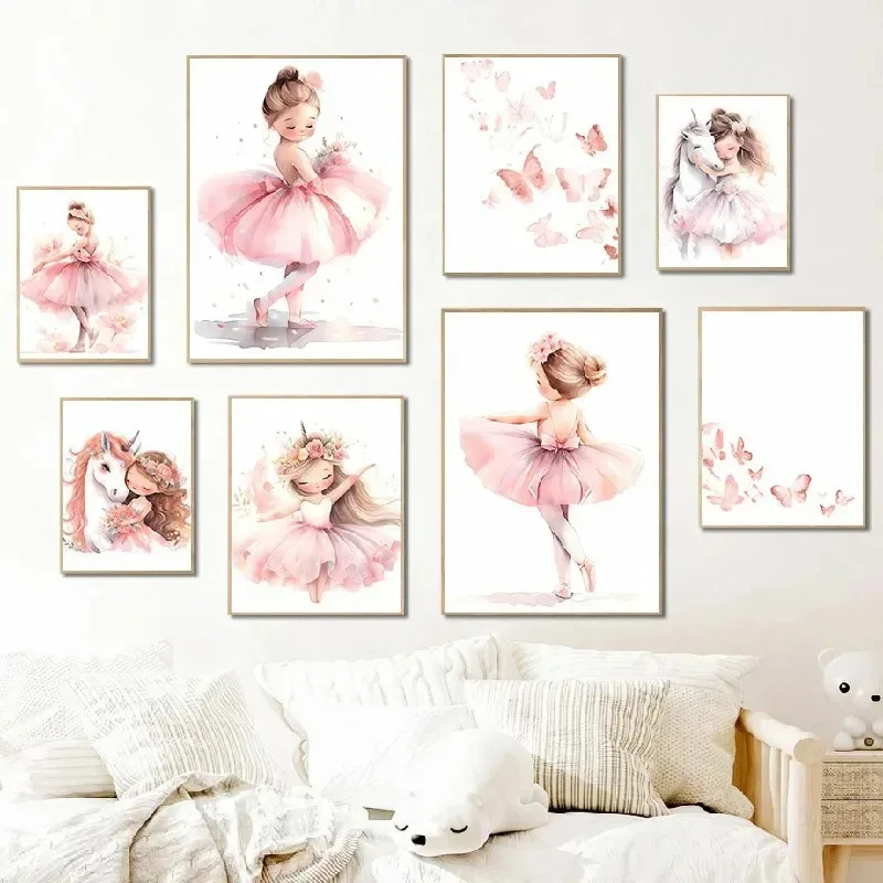 Baby Nursery Prints - Pink Ballerina Girl Unicorn Butterfly Poster