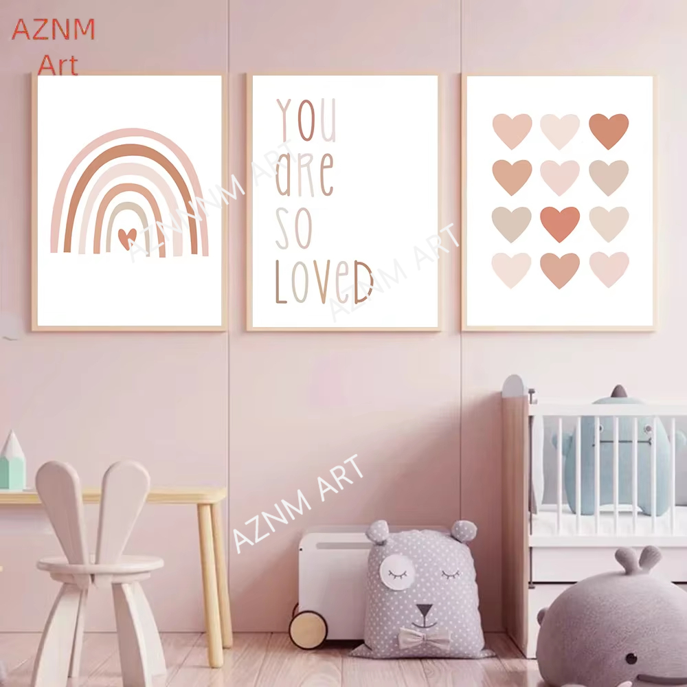 Baby Nursery Prints - 1/3PCS ，Cartoon Heart Rainbow Pink Wall