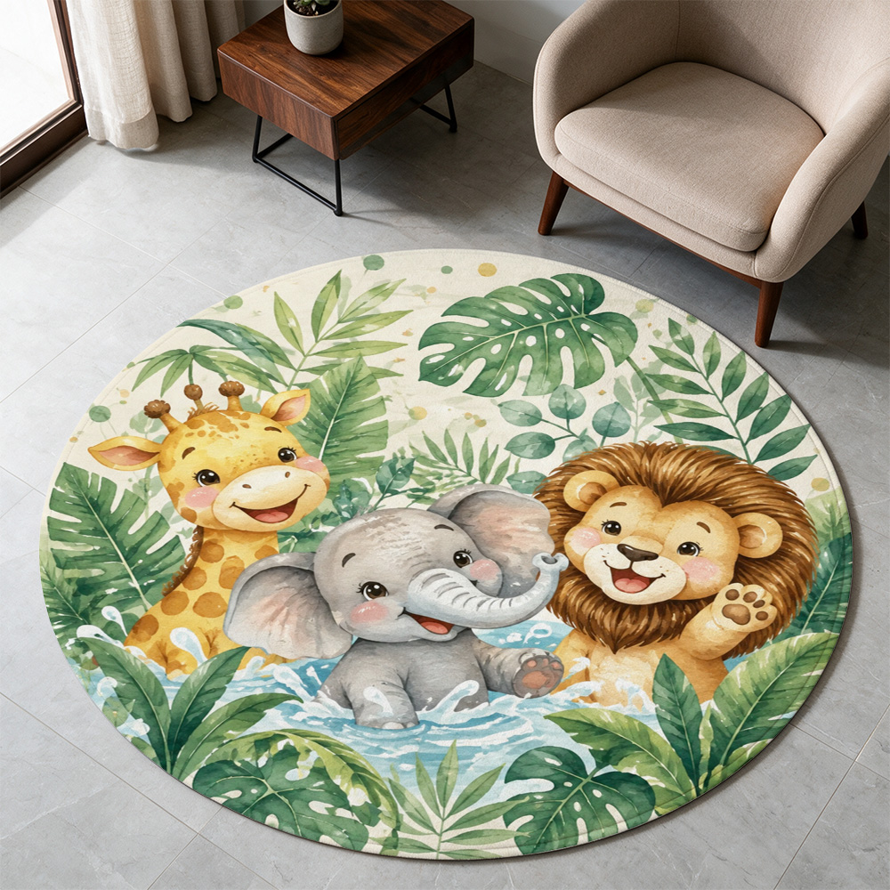 Baby Nursery Jungle Rug - Cute Jungle Safari Animal Print Round