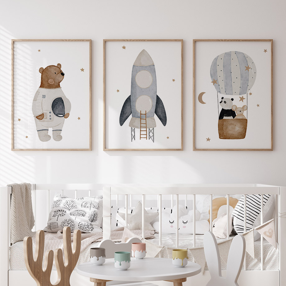 Baby Nursery Prints - Boho Space Rocket Bear Panda Mouse