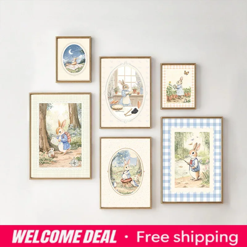 Baby Nursery Prints - Vintage Boho Blue Plaid Rabbit Inspired