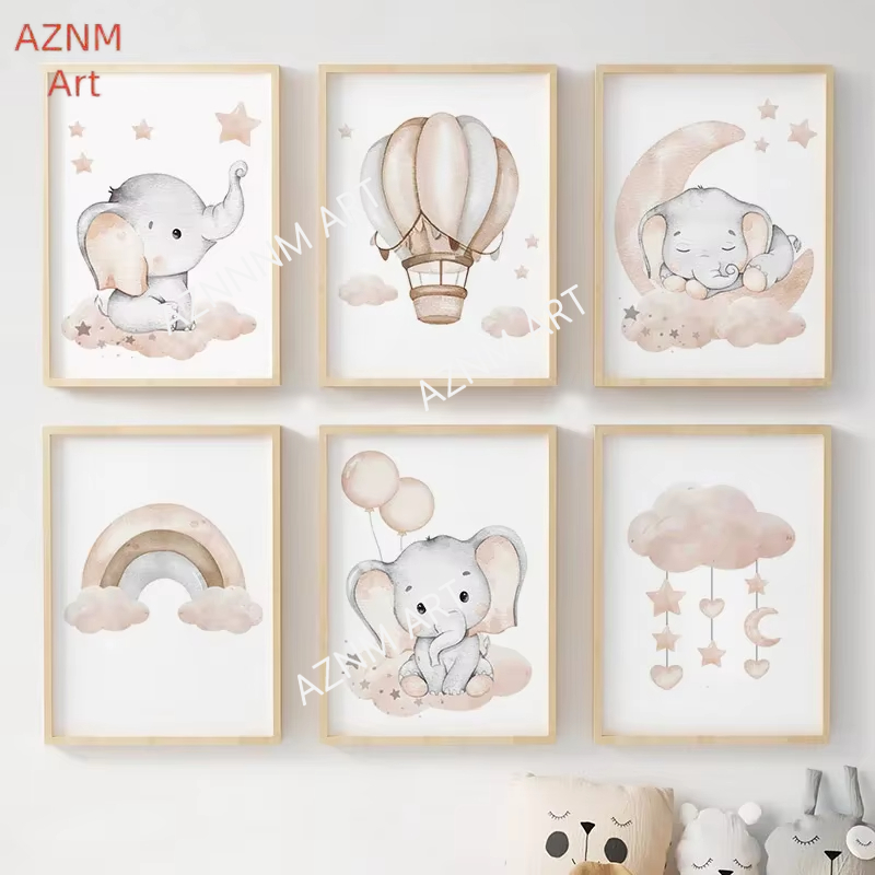 Elephant Balloon Rainbow Moon  - Baby Nursery Wall Art ulasan dan harga