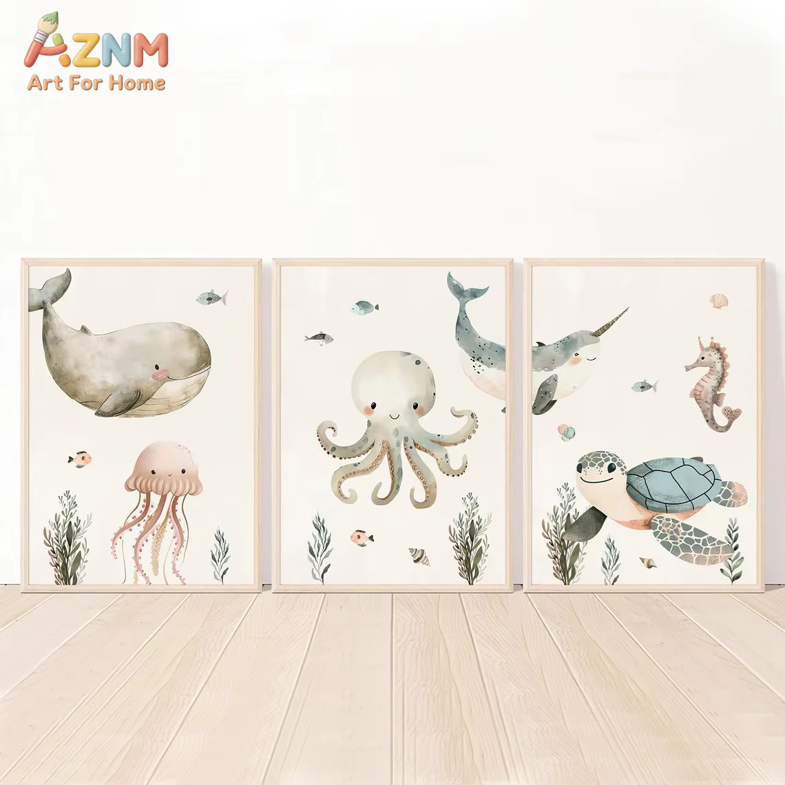 AZNM Watercolor Cute Ocean Ani - Baby Nursery Prints ulasan dan harga