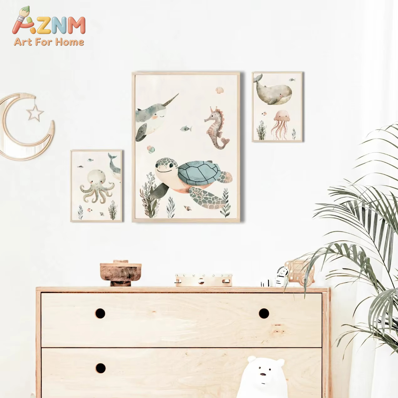 AZNM Watercolor Cute Ocean Ani - Baby Nursery Prints ulasan dan harga