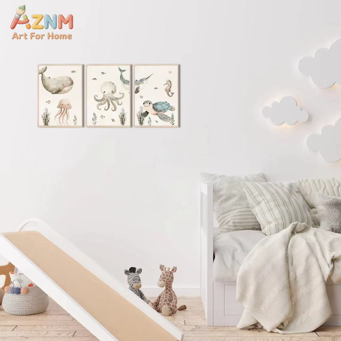 AZNM Watercolor Cute Ocean Ani - Baby Nursery Prints ulasan dan harga