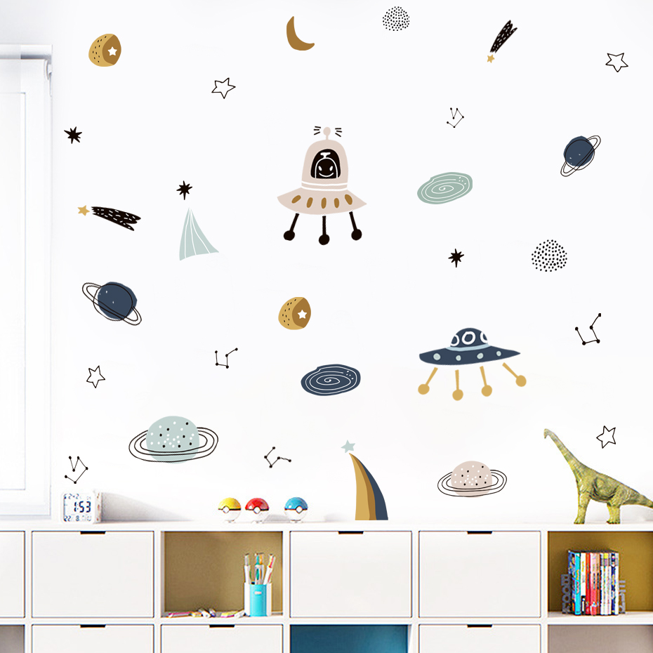 Cartoon Ufo Aliens Planet Patt - Baby Nursery Vinyl Wall Stickers ulasan dan harga