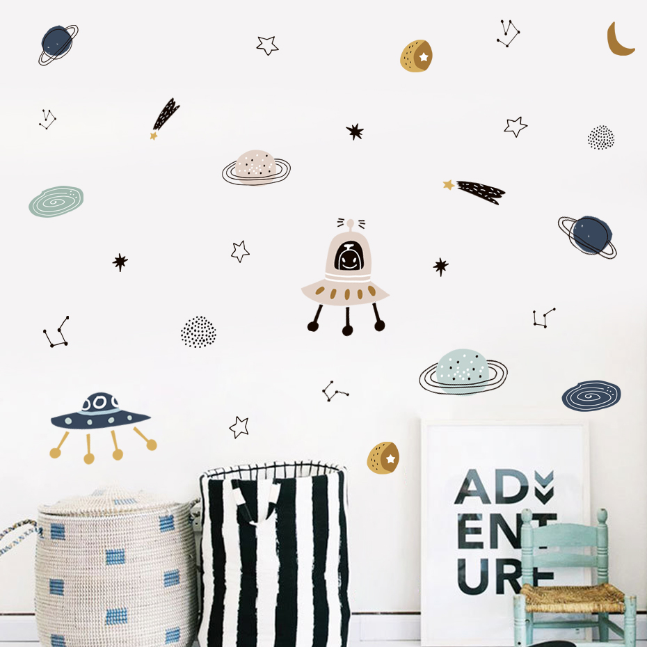 Cartoon Ufo Aliens Planet Patt - Baby Nursery Vinyl Wall Stickers ulasan dan harga