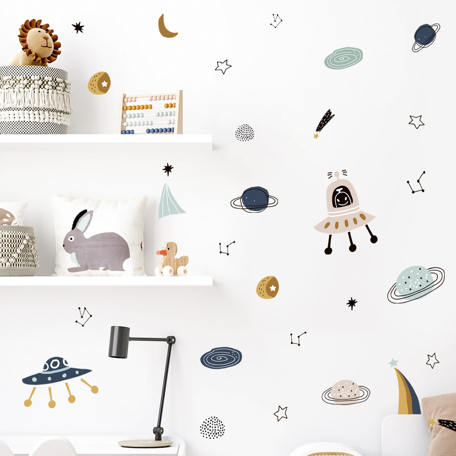 Cartoon Ufo Aliens Planet Patt - Baby Nursery Vinyl Wall Stickers ulasan dan harga