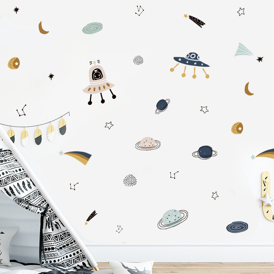 Cartoon Ufo Aliens Planet Patt - Baby Nursery Vinyl Wall Stickers ulasan dan harga