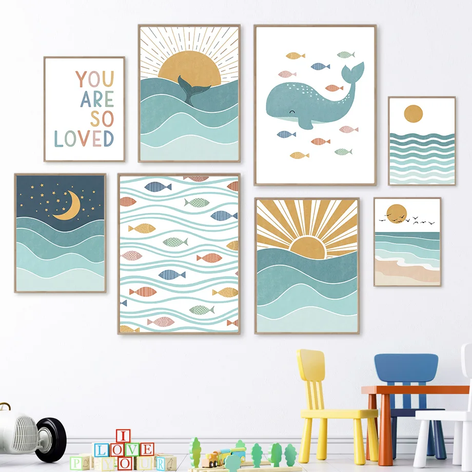 1pc frameless Fish Whale Seagu - Baby Nursery Quotes Wall Art ulasan dan harga