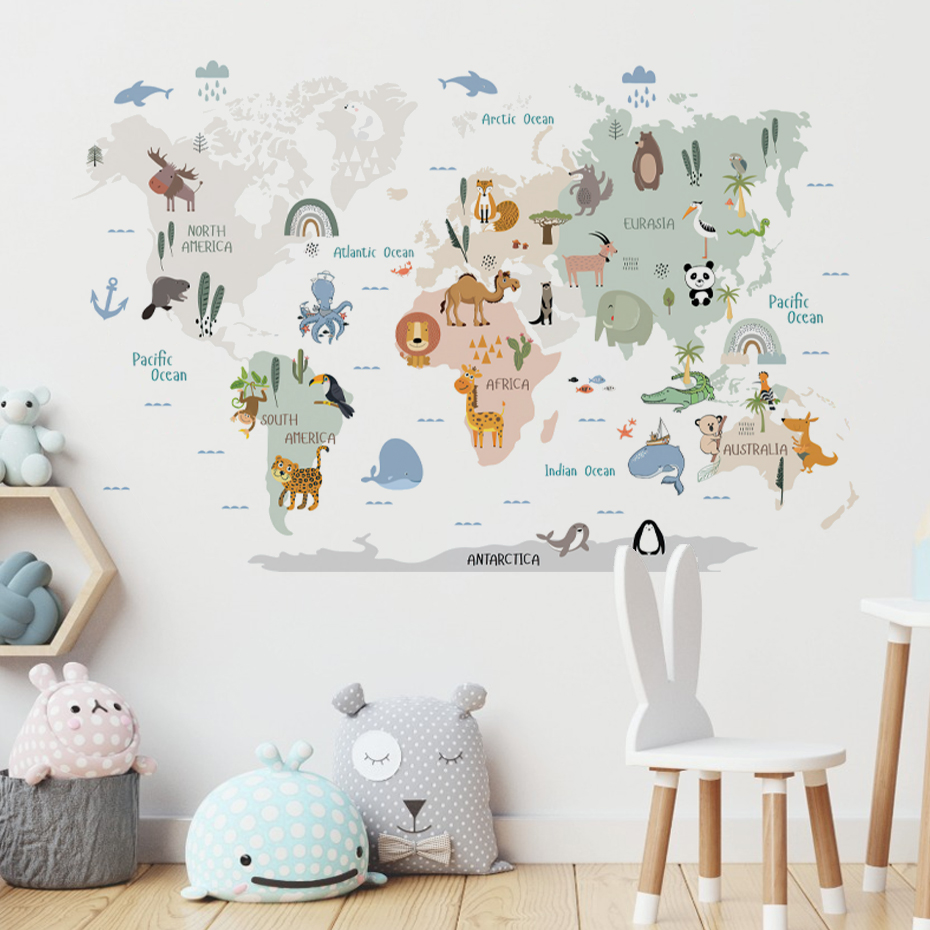 Watercolor  Cartoon World Map  - Baby Nursery Vinyl Wall Stickers ulasan dan harga
