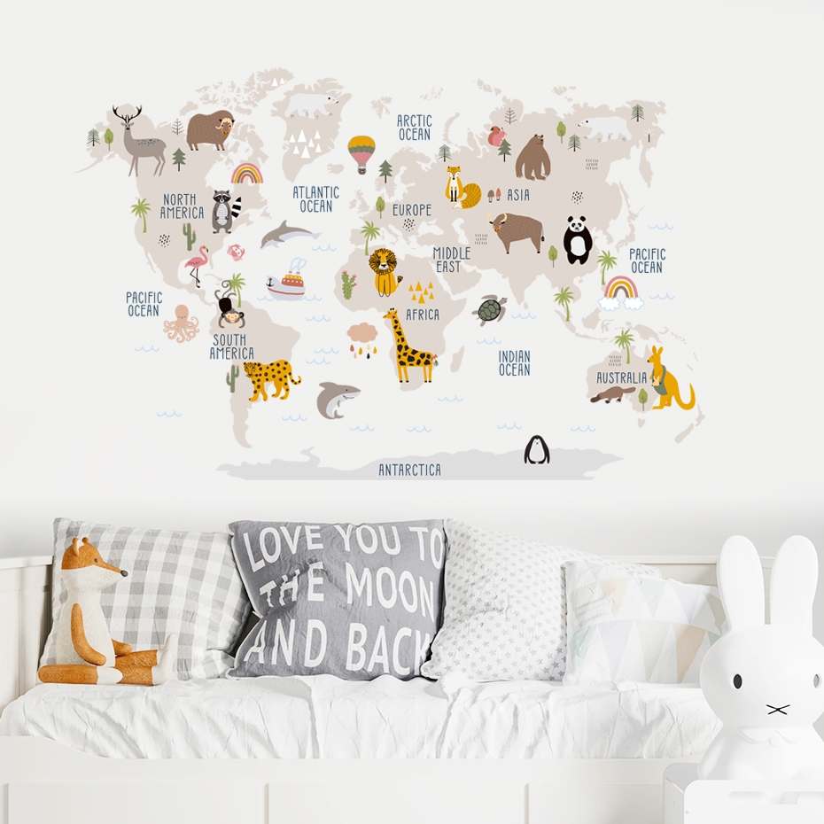 Watercolor  Cartoon World Map  - Baby Nursery Vinyl Wall Stickers ulasan dan harga