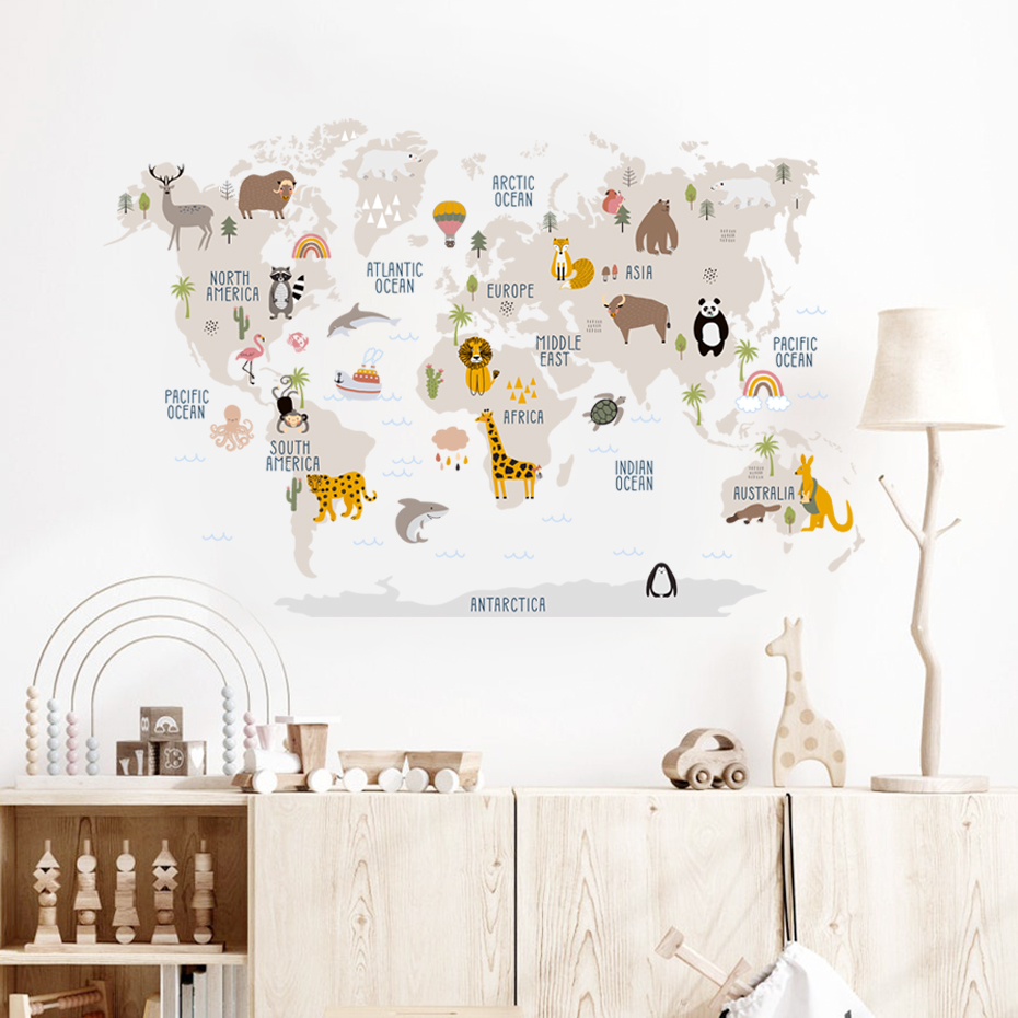 Watercolor  Cartoon World Map  - Baby Nursery Vinyl Wall Stickers ulasan dan harga